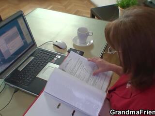 Granny and lads teen threesome in the office
