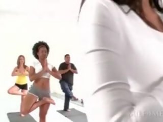 Chesty MILF Seducing hot Teen Blonde youngster At A Yoga Class