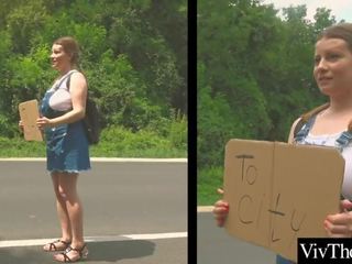 Flirty lesbian picks up erotic hitch hiker and fucks her adult film vids