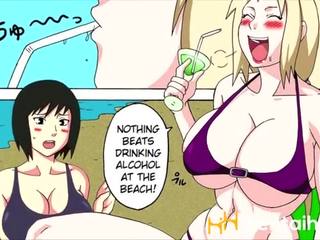 Naruto trio a il spiaggia con tsunade, hinata e sakura