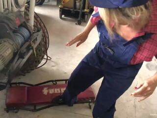 Blonde wife with big tits gets sucks prick in the garage